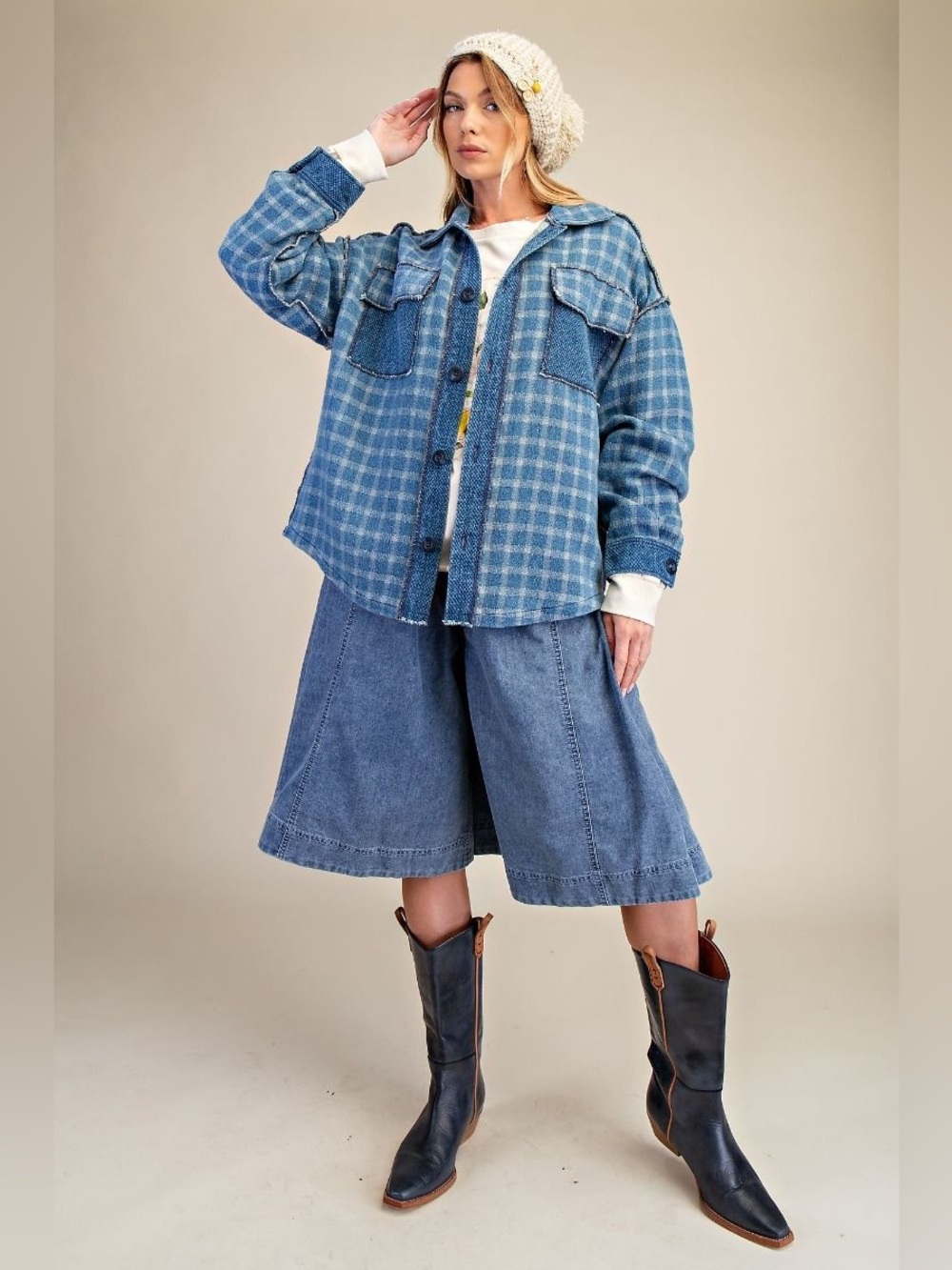 easel Blue Plaid Oversized Denim Shacket